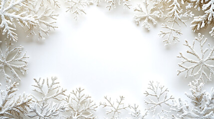 White snowflake decoration frame with glitter on simple elegant white background, creating festive and wintery atmosphere with space in center for text or design
