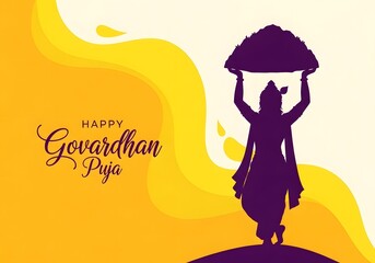 Colorful Govardhan Puja greeting card design with Lord Krishna silhouette art.