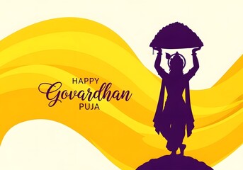 Happy Govardhan Puja greeting card design featuring Lord Krishna lifting Mount Govardhan