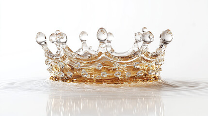 Water splash shaped like crown with golden tint on white background, capturing delicate and dynamic moment of liquid motion with clear reflections and ripples