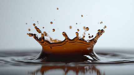 Single brown liquid drop captured mid splash with droplets flying outward on smooth surface, creating dynamic and energetic moment in high detail