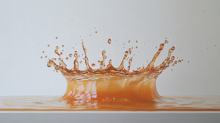 Orange liquid splash captured mid air with droplets flying against plain white background, showing dynamic motion and fluid texture in high speed photograph