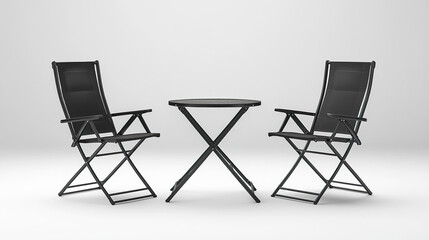 Sleek black garden furniture set with two foldable chairs and round table, perfect for outdoor relaxation or casual dining in minimalist style