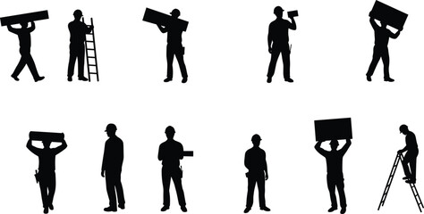 Construction workers silhouette, ladder pose, boarddustrial site, safety gear, king ose, construction activity, worker coordination, site commicatioob site, infrastructure, construction roles