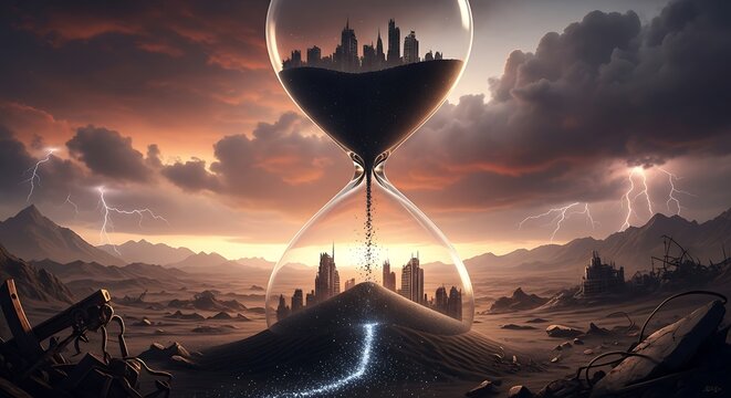 Hourglass containing a cityscape draining into a barren landscape under a stormy sky with lightning strikes, symbolizing time running out.