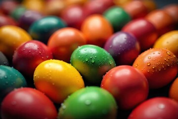 Glistening Dew Drops on Colorful Easter Eggs in Morning Light Extreme macro photograph of several vibrantly colored Easter eggs. Each egg is covered in glistening dew drops. Soft, warm morning