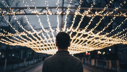 Man gazing at illuminated lights hanging above street at night