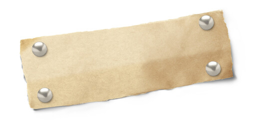 Brown ripped pieces of paper pinned metal push button with curled corner on transparent background. Png transparency	