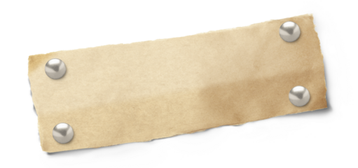 Brown ripped pieces of paper pinned metal push button with curled corner on transparent background. Png transparency	