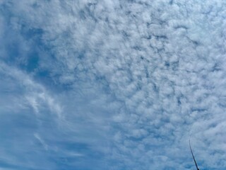 Full frame background texture of mid-level altocumulus or cirrocumulus clouds in a mackerel sky pattern, showing atmospheric conditions.