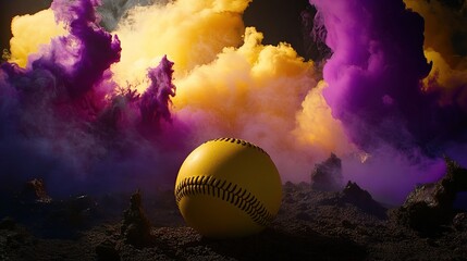 A Lone Baseball Resting in a Dramatic Purple Cloudscape at Sunset