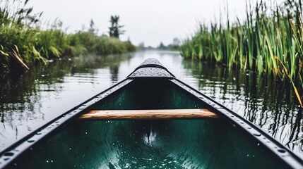 A lone canoe glides through a tranquil narrow waterway framed by tall green reeds and distant trees