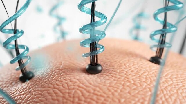 Close-Up of Hair Follicles Receiving Treatment with Thin Black Hair Roots and Spiraled Aqua Colored Strands Isolated on White