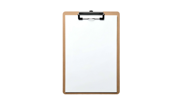 Clipboard holding a clean, crisp, blank sheet of white paper