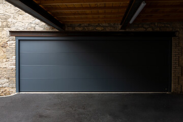 Porte de garage grise anthracite installée par un professionnel, encadrée par un mur en pierre beige et un sol en macadam, entre modernité et authenticité.