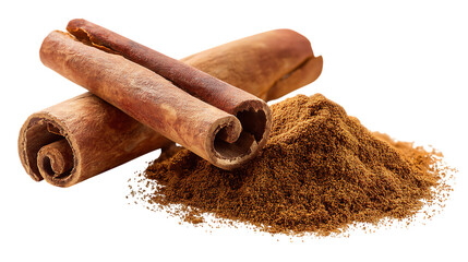 Cinnamon sticks and ground cinnamon powder spice aroma on transparent background macro shot