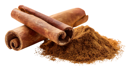 Cinnamon sticks and ground cinnamon powder spice aroma on transparent background macro shot