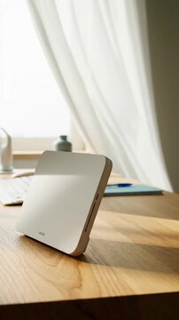 Minimalist White WiFi Extender Setup on Light Oak Desk A Clean Tech Workspace