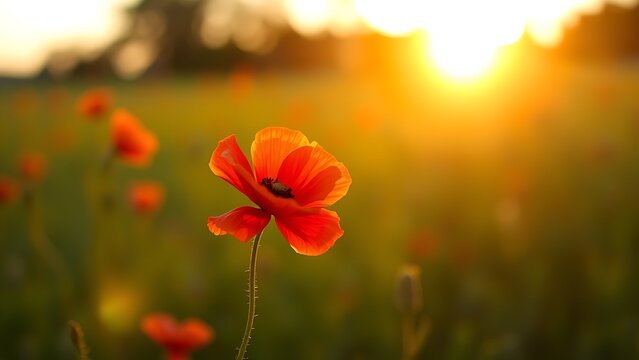 A vibrant red poppy bathed in golden sunset light, symbolizing remembrance and beauty. - Powered by Adobe