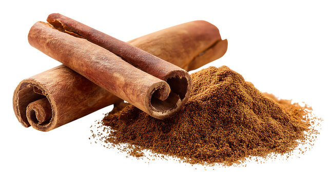 Cinnamon sticks and ground cinnamon powder spice aroma on transparent background macro shot