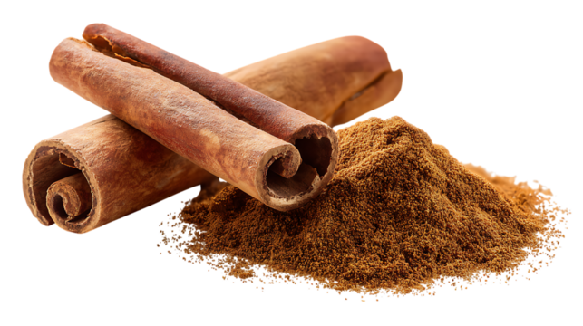 Cinnamon sticks and ground cinnamon powder spice aroma on transparent background macro shot
