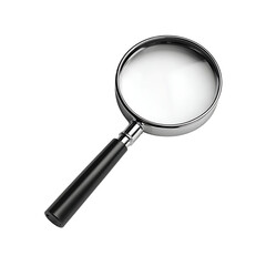 Close up of a silver rimmed magnifying glass with black handle on transparent background