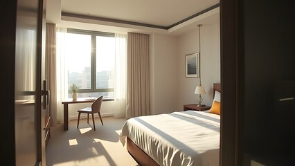 A modern hotel bedroom with morning sunlight and minimalist decor.