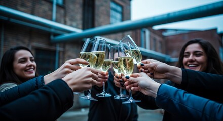 Group of Diverse Women Celebrating with Champagne Flutes in Urban Rooftop Setting