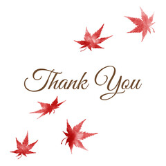 Watercolor red maple leaves with elegant brown “Thank You” lettering on white background, autumn thank you card design, seasonal greeting illustration with Japanese style touch