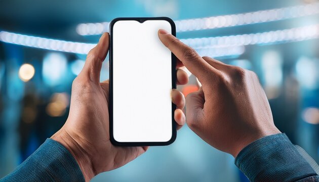 smartphone with blank screen in hand modern communication device for mobile technology and online activity