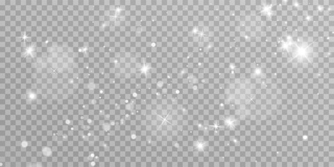 White png dust light. Bokeh light lights effect background. Christmas background of shining dust Christmas glowing light bokeh confetti and spark overlay texture for your design.	