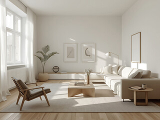 Elegant modern home interior with sunlight, neutral colors, and comfortable furniture in minimalist design.