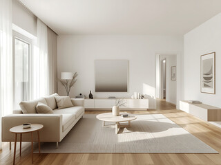 Bright cozy living space with beige couch, coffee table, and natural textures in warm minimalist style.