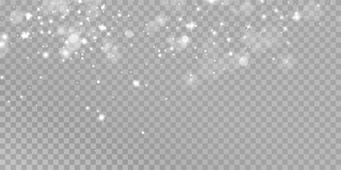 White png dust light. Bokeh light lights effect background. Christmas background of shining dust Christmas glowing light bokeh confetti and spark overlay texture for your design.	