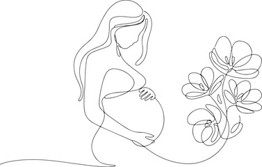 Continuous Line Drawing of Pregnant Woman with Flowers Elegant Line Art Silhouette