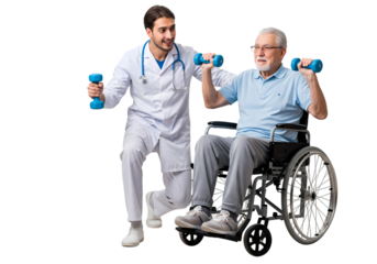 Therapist aids senior in wheelchair lifting weights