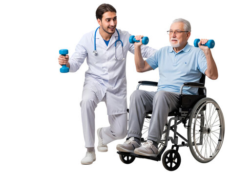 Therapist aids senior in wheelchair lifting weights - Powered by Adobe