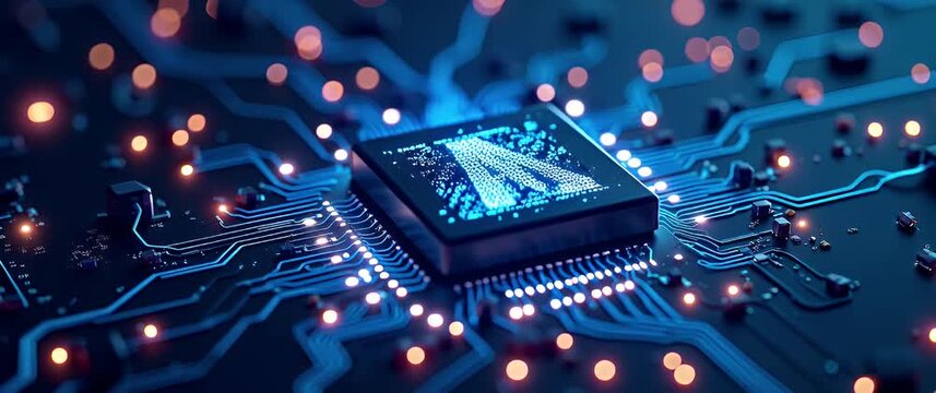 Dynamic close-up of a glowing blue computer chip with intricate circuitry and vibrant lights symbolizing innovation and data flow.