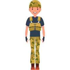 Male Soldier Vector Character Standing Proudly In Military Camouflage Uniform With Tactical Vest And Helmet And Boots On Transparent Background