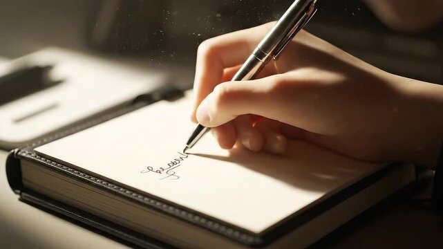 Close Up of Hand Writing on Notebook with Pen Under Soft Lighting Composition with Simple Backgrounds for Creative Writing and Business Purposes Concept Ideas and Planning 199 Chars