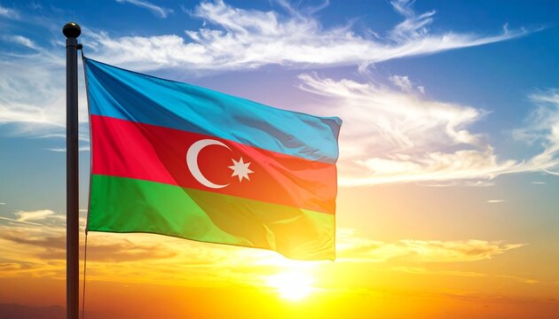 Azerbaijani flag waving on a flagpole against a scenic sunset and mountainous landscape