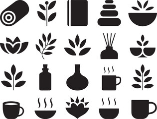 Black and white icons related to spa, wellness, and relaxation Keywords: spa, wellness