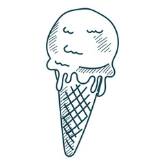 Ice cream doodle icon vector isolated. Hand-drawn illustration of a delicious dessert. Vanilla ice cream in waffle cone. Frozen sweet dessert.