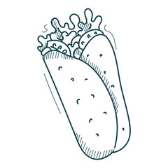Shawarma doodle icon vector isolated. Hand-drawn illustration of a delicious street food. Tasty burrito. Salad, meat and tortilla wrapped in roll.