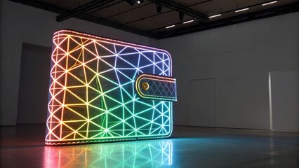 A colorful, illuminated wallet installation featuring a geometric design, showcasing modern art in a minimalist gallery space.