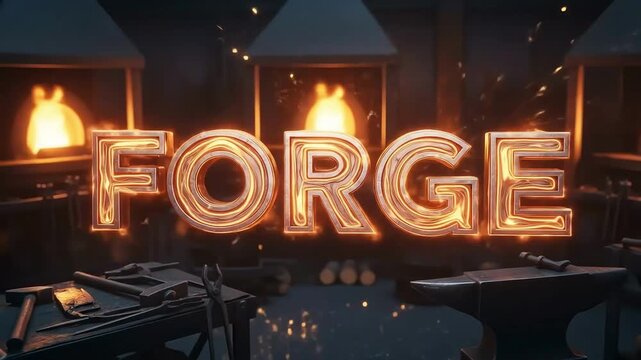 Glowing Metal Forge Text Animation in a Fiery Blacksmith Workshop.