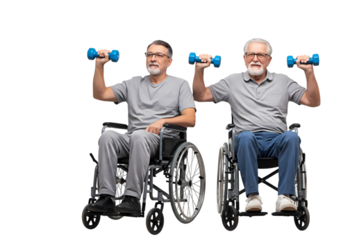 Active seniors lift dumbbells in wheelchairs, embracing fitness