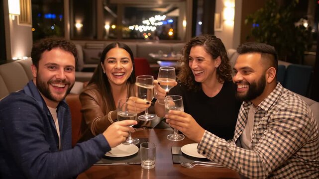 Friends celebration at cozy restaurant night, laughter and toast, drinking and social vibes, joyful group enjoying national hangover day fun - Powered by Adobe