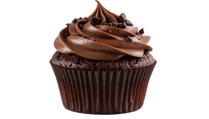 Decadent chocolate cupcake with swirl frosting and chip topping