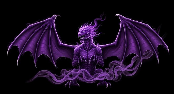 A purple dragon with outstretched wings emerges from a smoky, ethereal form against a black background.
